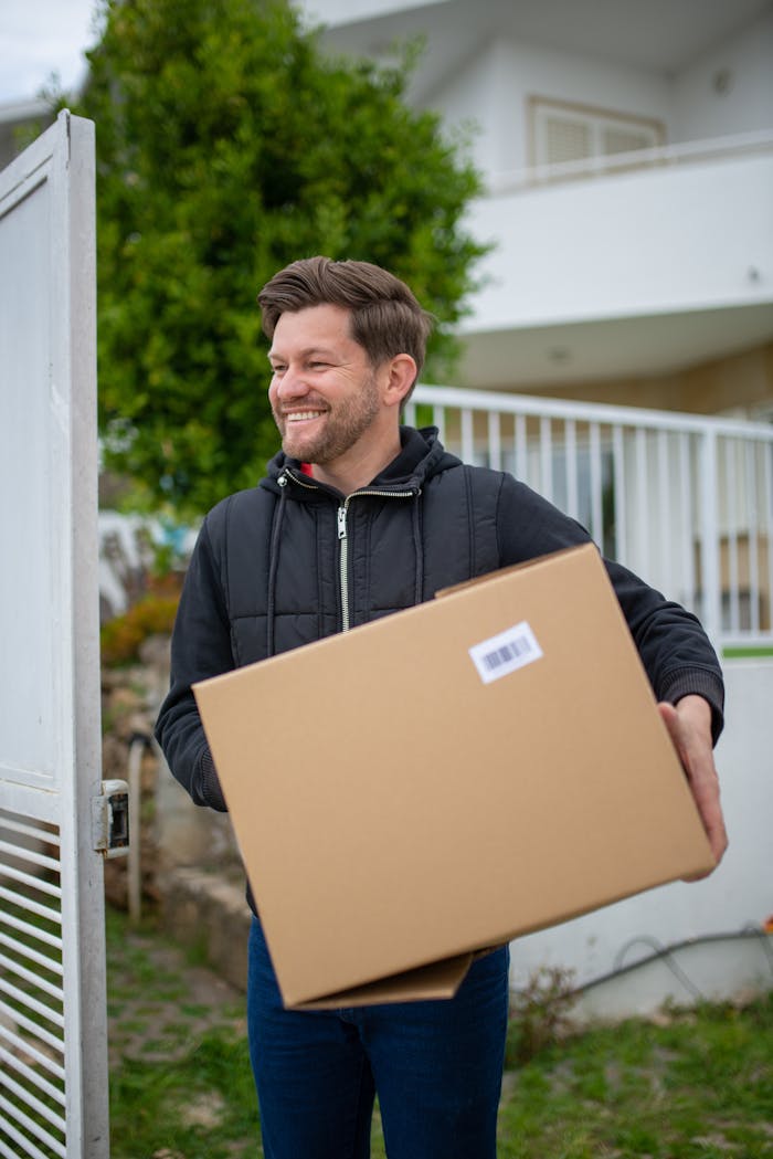 A happy man with a beard carries a large box outside a modern house.